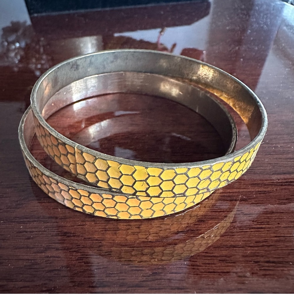 Set of 2 Orange and Gold Enamel Bangle Bracelets with “Snakeskin” Pattern
